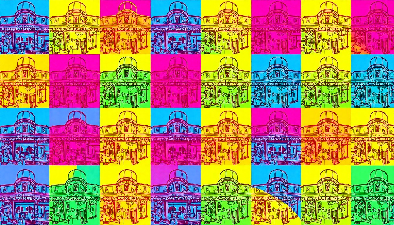 A high-contrast, silkscreen-style illustration featuring a repeating grid of a recognizable downtown Asheville landmark, such as a historic building or public art installation, rendered in a bold, neon color palette that captures the energy and creativity of the city's revitalization efforts.