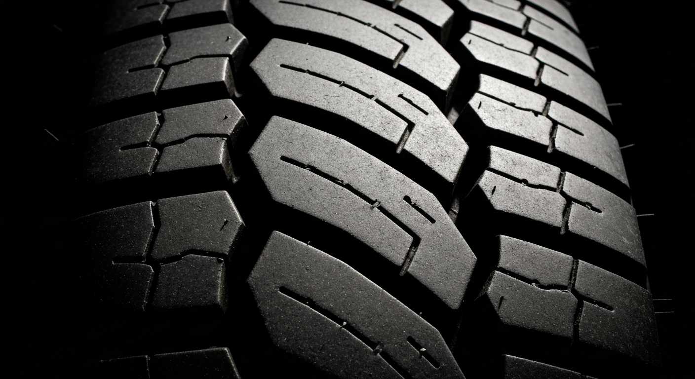 An extreme close-up of the pebbled, textured surface of a semi-truck tire tread, captured in dramatic high-contrast lighting that emphasizes the raw materials and engineering of automotive components.