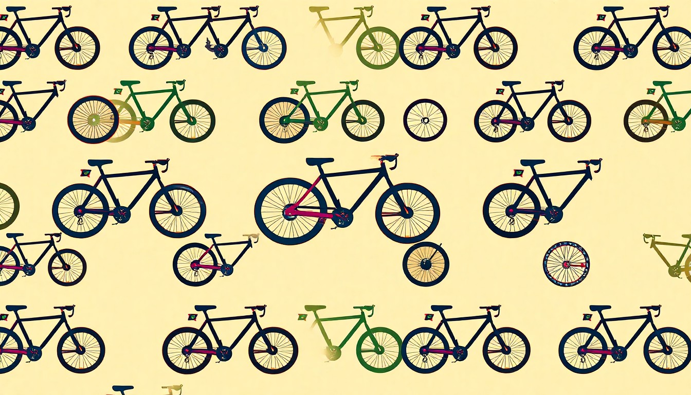 A bold, colorful silkscreen-style illustration featuring an electric bicycle icon repeated in a grid pattern, capturing the modern pop culture of e-bike usage in a vibrant, high-contrast visual metaphor.
