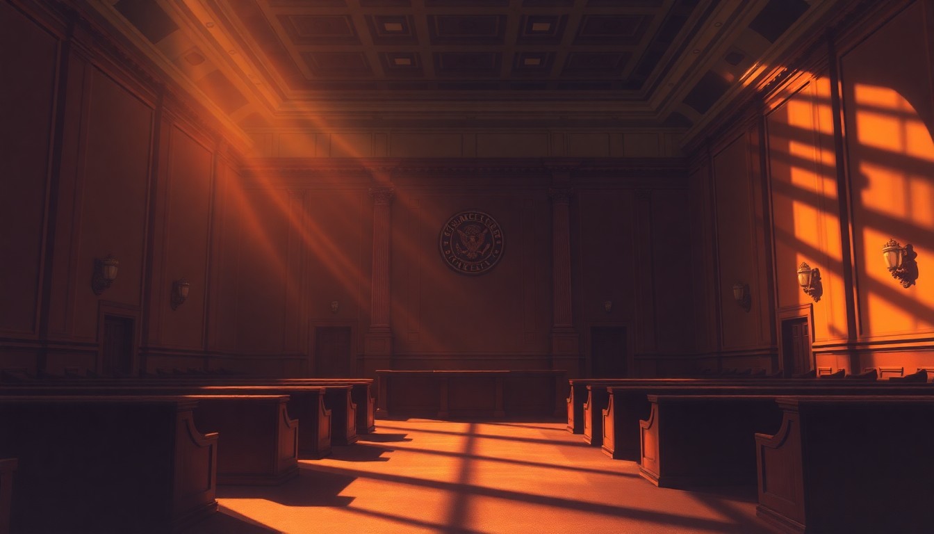 A serene, cinematic painting of an empty city council chamber, with warm sunlight streaming through the windows and deep shadows casting a contemplative mood over the space.