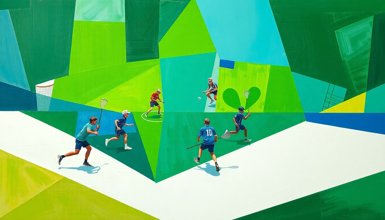 A cubist, geometric painting depicting a boys' lacrosse game, with the players and field broken down into abstract shapes and planes of vibrant colors.