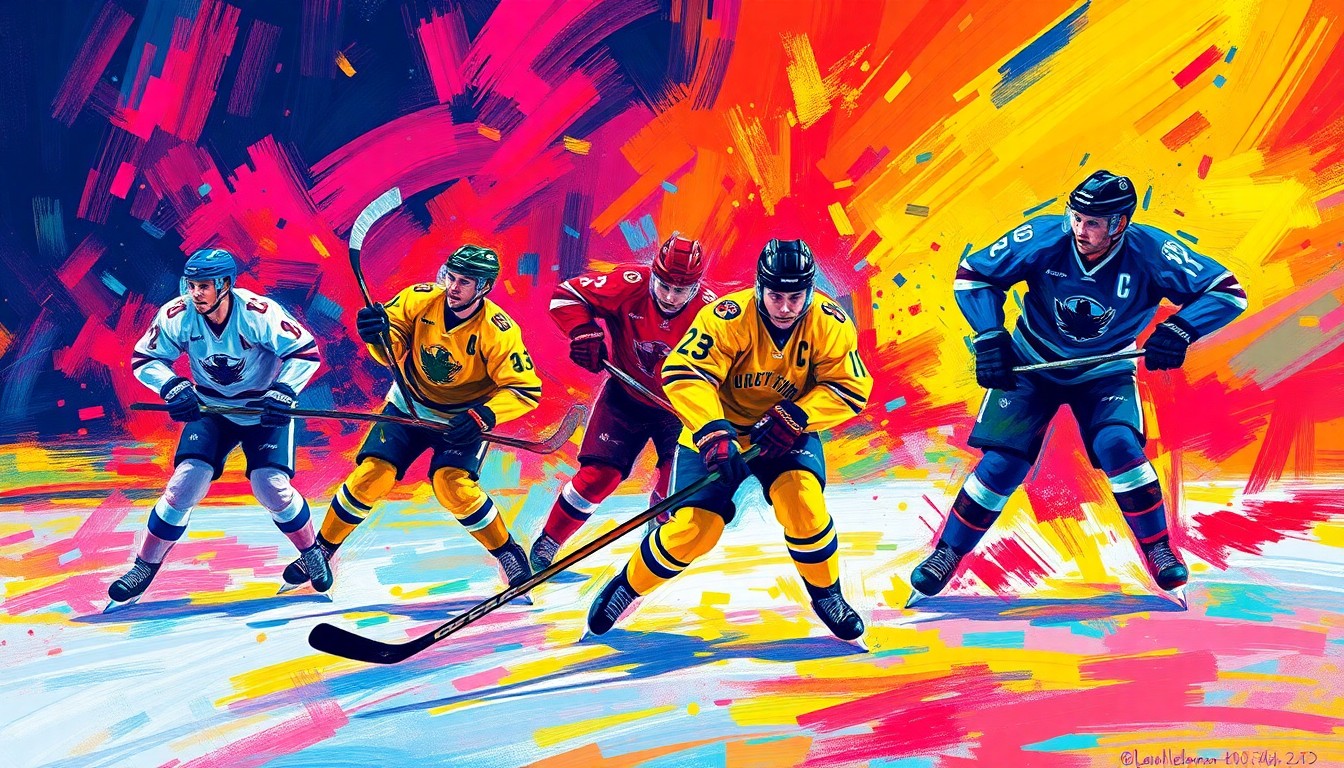 An abstract, textured painting in vibrant neon colors, with rapid brushstrokes conveying the fast-paced action and movement of a hockey game.
