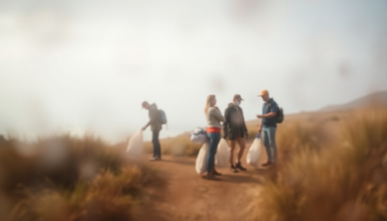 An extremely blurred, impressionistic photograph showing the silhouettes of volunteers working together to pick up litter along a coastal trail, with the scene bathed in warm, hazy light and soft, earthy colors, conveying a sense of community and environmental stewardship.