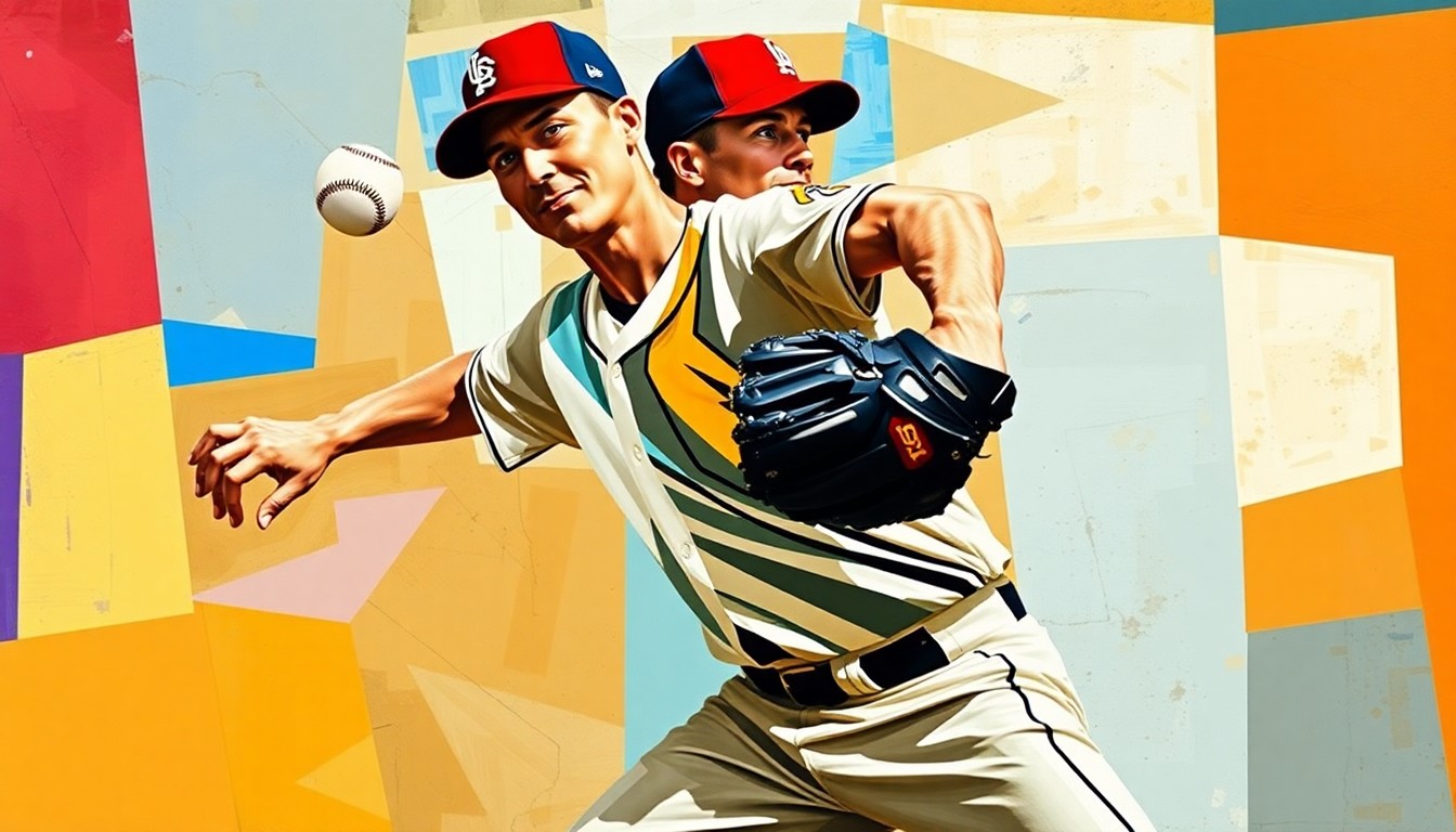 A fragmented, geometric painting depicting a baseball pitcher's motion, with the player's body and the ball broken down into abstract shapes and planes, conveying a sense of dynamic energy and movement.