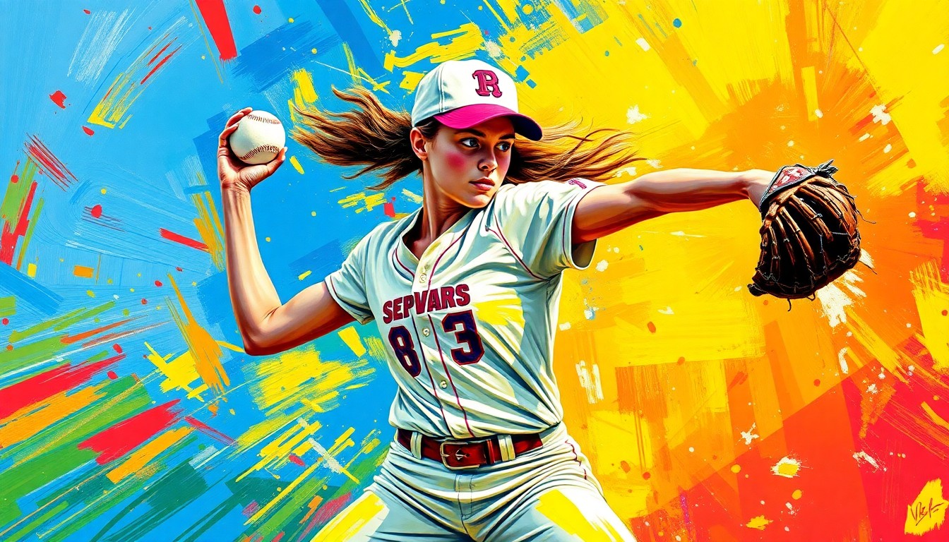 An extreme close-up of a high school softball player's pitching motion, rendered in a vibrant, expressionist style with neon colors and rapid brushstrokes capturing the raw energy of the sport.