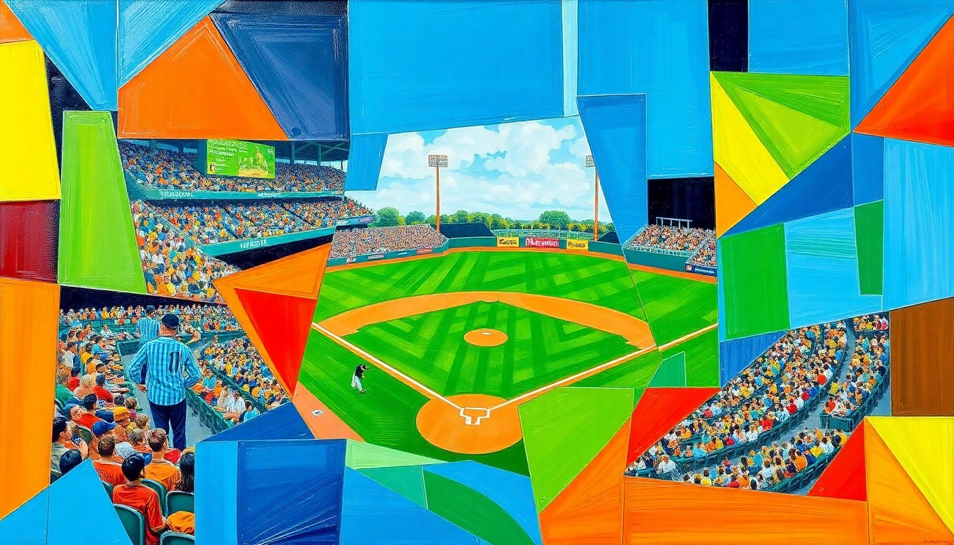 A fragmented, geometric painting in shades of blue, green, and orange, depicting a college baseball game broken down into overlapping planes and perspectives.