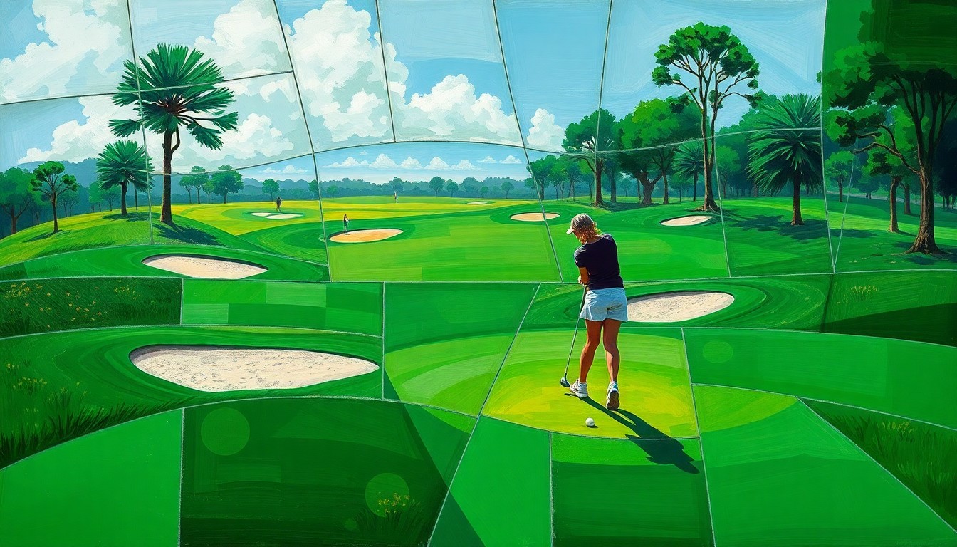 A cubist, geometric painting depicting the fractured, multi-perspective elements of a girls' golf match, with overlapping planes of green fairways, sand traps, and golfers' silhouettes.