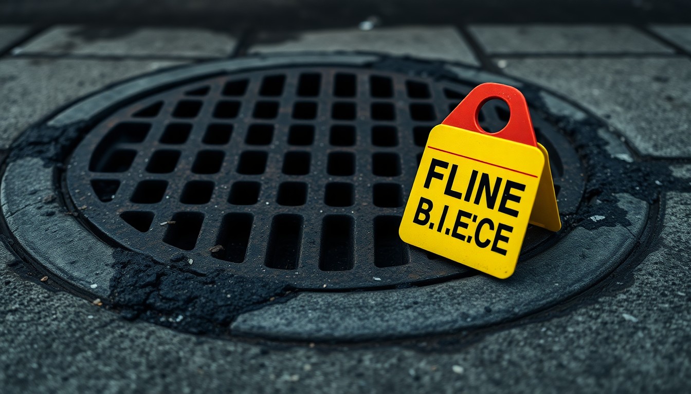 An extreme close-up photograph of a police evidence marker placed next to a drainage grate, conveying the stark, gritty atmosphere of a crime scene investigation.