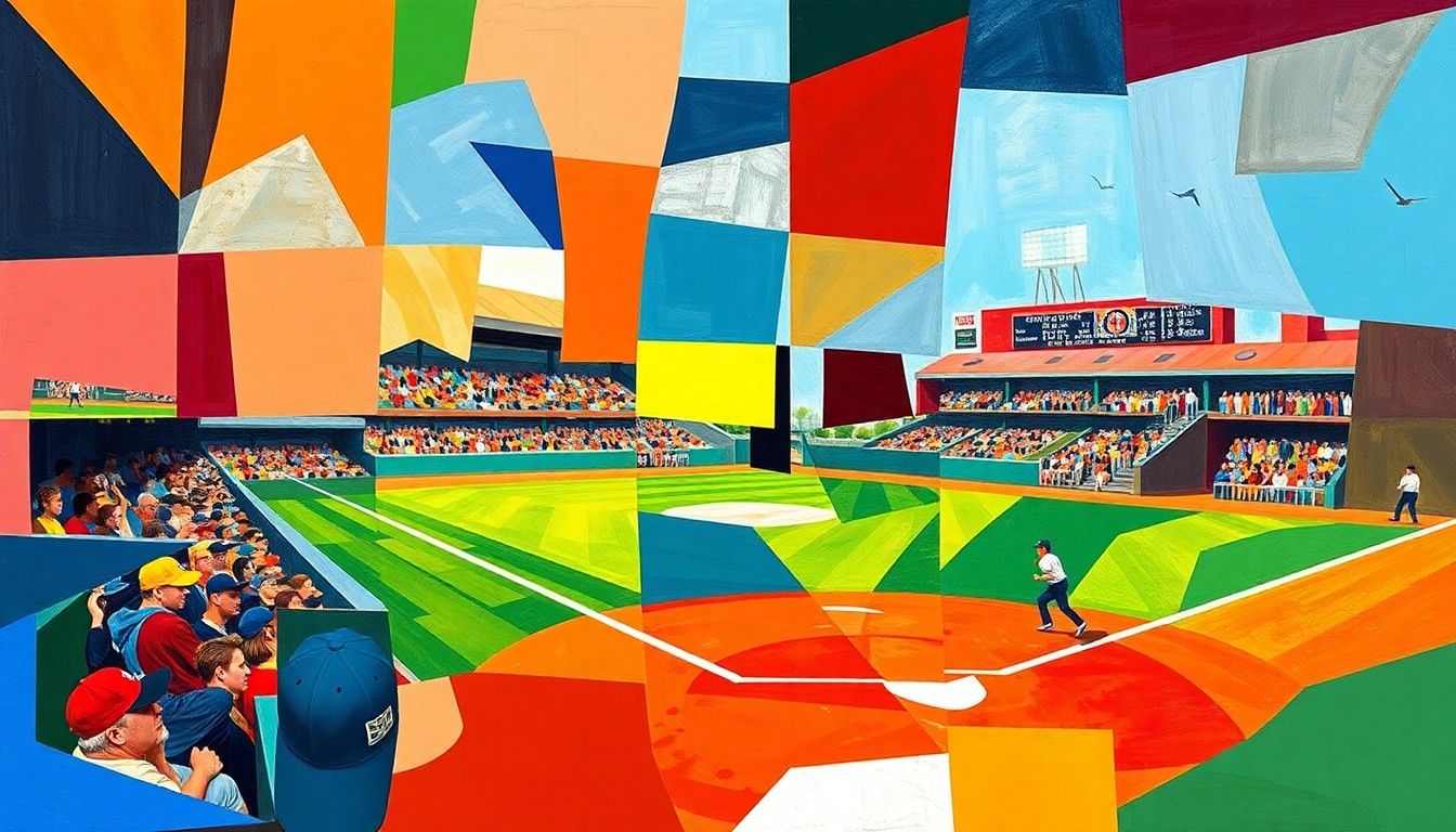 A cubist-style painting featuring sharp, overlapping geometric shapes in bright primary colors, representing the dynamic action and competitive spirit of a high school baseball game.