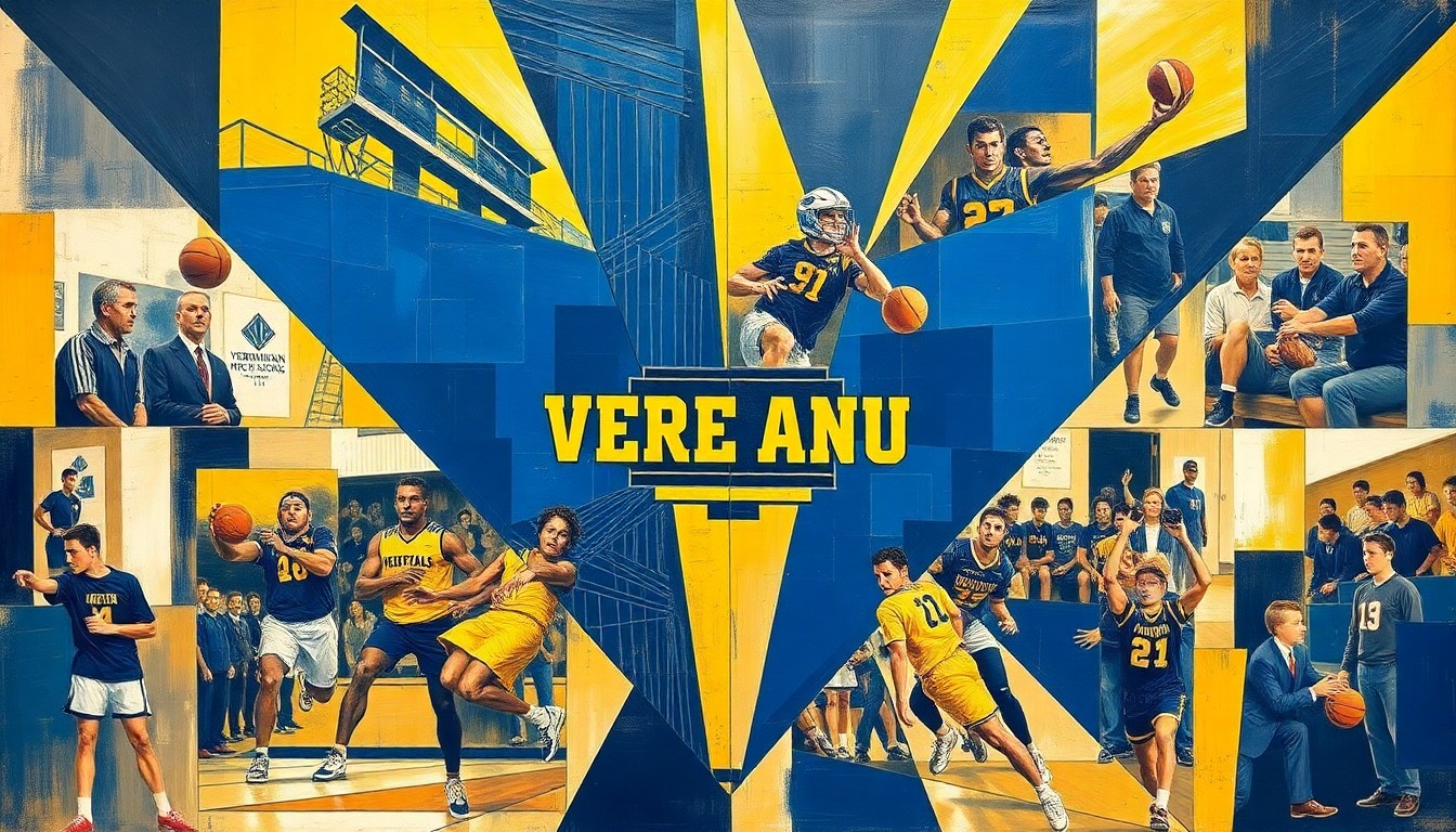 A cubist-style painting featuring overlapping geometric shapes and planes in navy blue and gold, representing various Vermillion High School sports scenes in an abstract, fragmented manner.