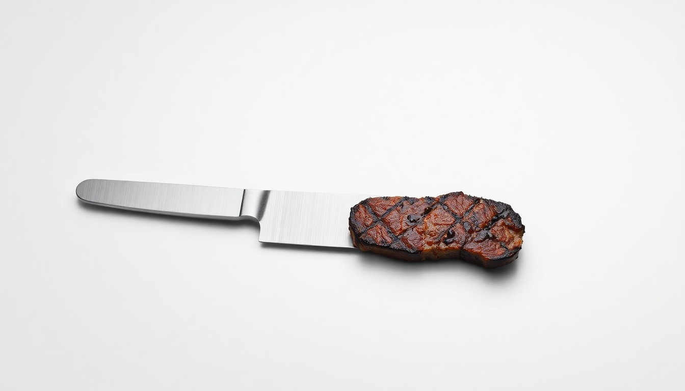 A photorealistic studio still-life image featuring a single, elegant steak knife resting on a clean, monochromatic background, conceptually representing the premium quality and refined dining experience of the 801 Chophouse brand.