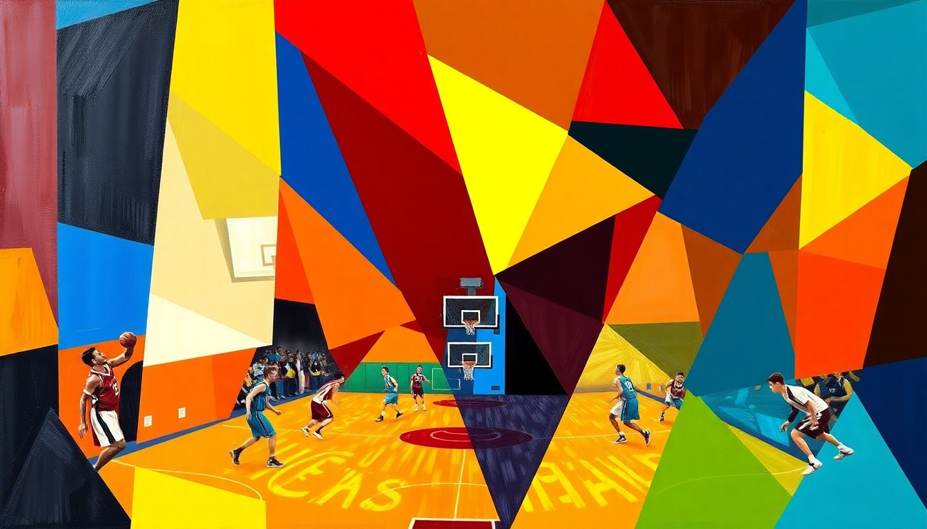 A cubist, geometric painting depicting a high school basketball game, with sharp, overlapping planes of the teams' colors representing the intense competition and energy of the match.
