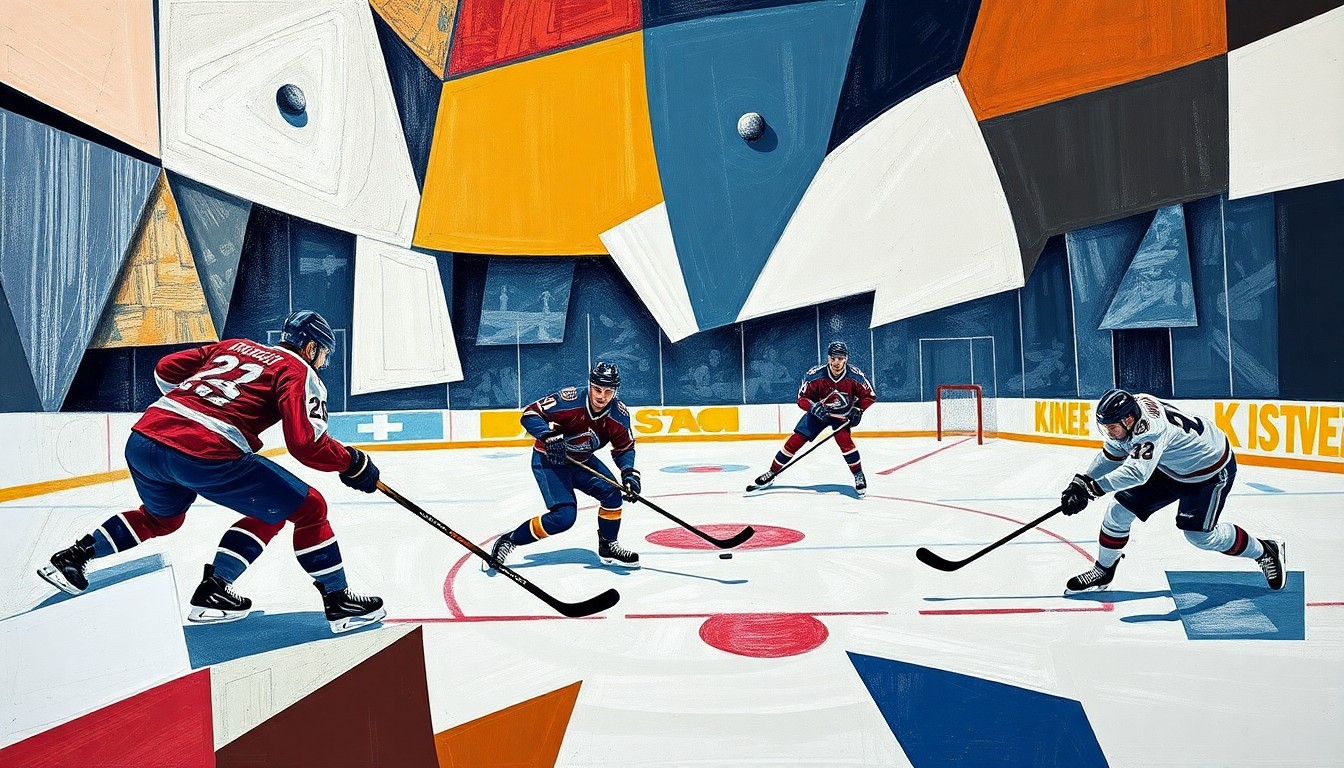 A cubist, geometric painting depicting a hockey game between the Colorado Avalanche and Seattle Kraken, with the players' movements and the puck's trajectory represented through the fractured, overlapping planes of the composition.