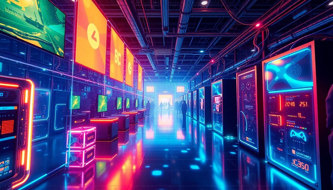 A highly detailed, glowing 3D illustration of a futuristic, neon-lit virtual expo hall filled with recognizable gaming hardware and infrastructure elements, conveying a sense of technological wonder and digital innovation.