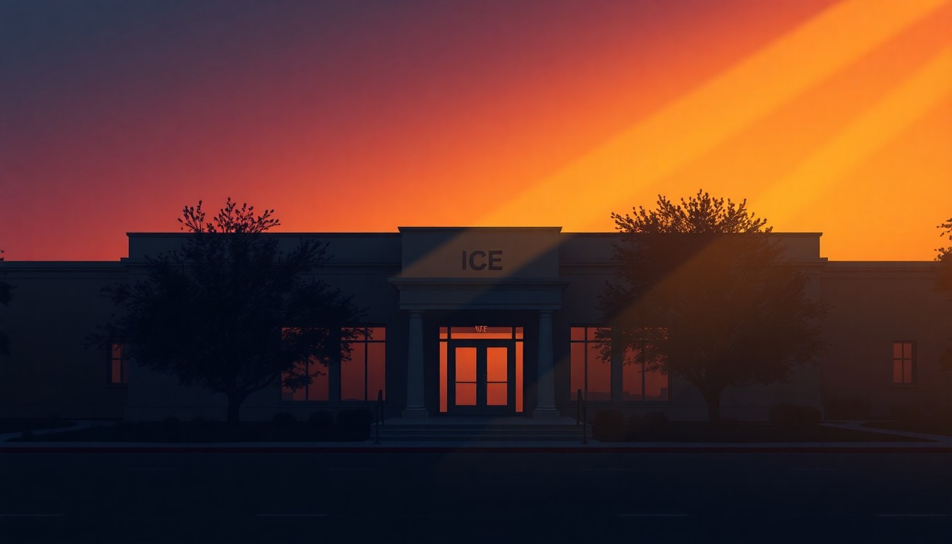 A dimly lit, cinematic government office space with a single desk and chair, the room bathed in warm, diagonal sunlight and deep shadows, conveying a sense of transition and uncertainty around a leadership change.