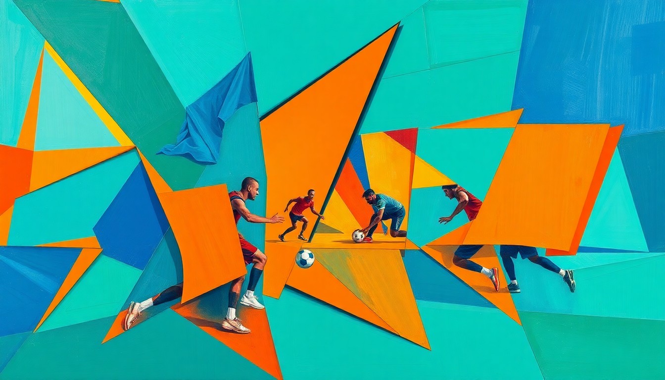 A fragmented, cubist-style painting depicting the dynamic movements and energy of a flag football game, with sharp geometric shapes in bright, contrasting colors.