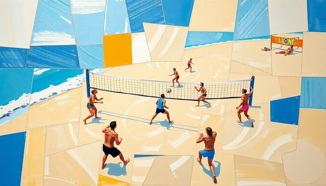 A cubist, geometric painting depicting a fragmented beach volleyball match, with overlapping planes of color and shape representing the dynamic movement and energy of the sport.