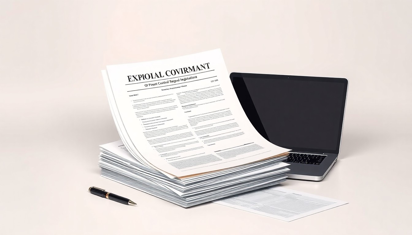 A minimalist studio still life featuring a stack of official documents, a laptop, and a pen on a clean, monochromatic background, conceptually representing the complex world of US export control compliance.