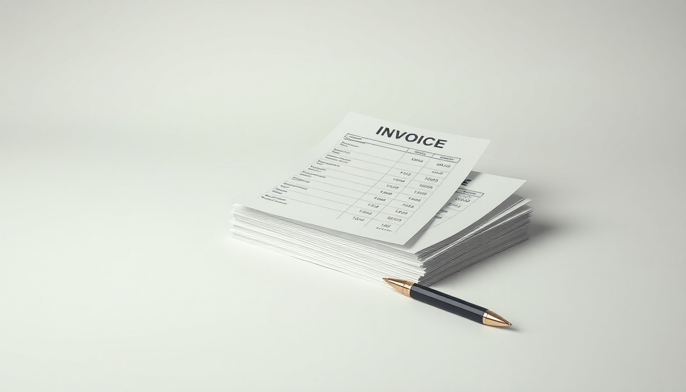 A photorealistic studio still life featuring a stack of unpaid invoices and a pen resting on a clean, monochromatic background, symbolizing the abstract corporate strategy and finance issues at the heart of this legal dispute.