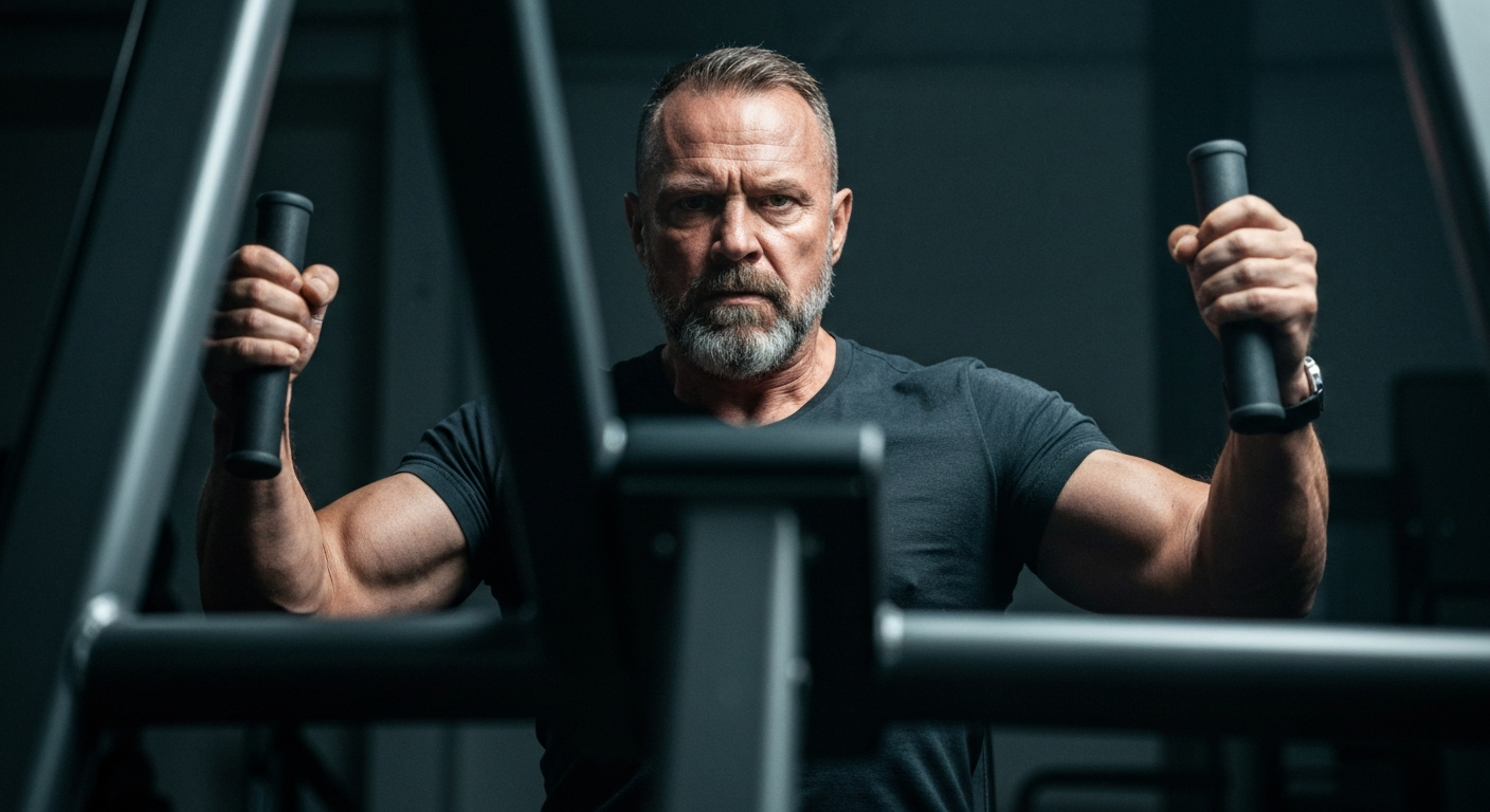 An extreme close-up of heavy, industrial fitness equipment and machinery in muted, metallic tones, conceptually representing the challenges facing the fitness industry and Xponential Fitness.