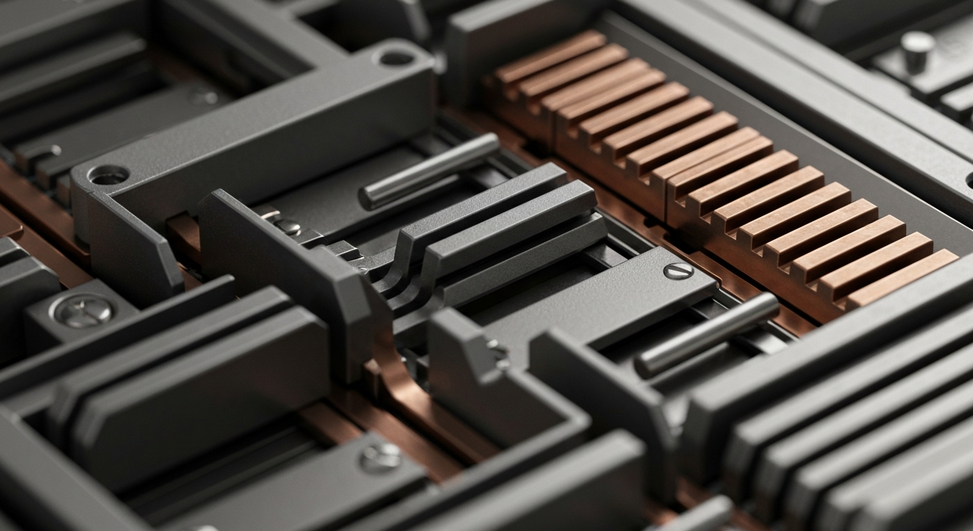 A highly detailed, cinematic close-up photograph of the complex mechanical and electronic components that make up a piece of industrial banking or financial equipment, conveying a sense of the intricate machinery that powers the financial industry.