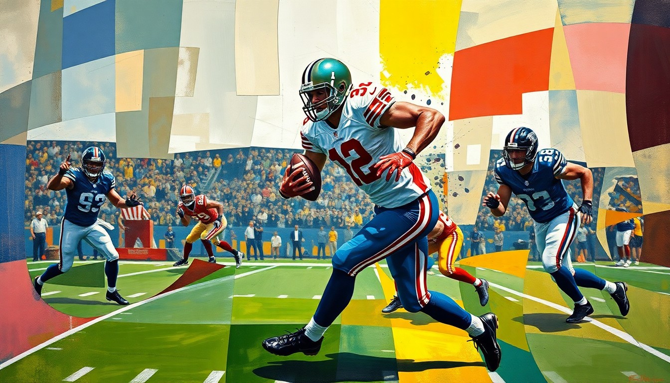 A cubist-style painting depicting a defensive back making an interception, with the player's form broken down into sharp, overlapping geometric shapes and planes in a vibrant color palette.