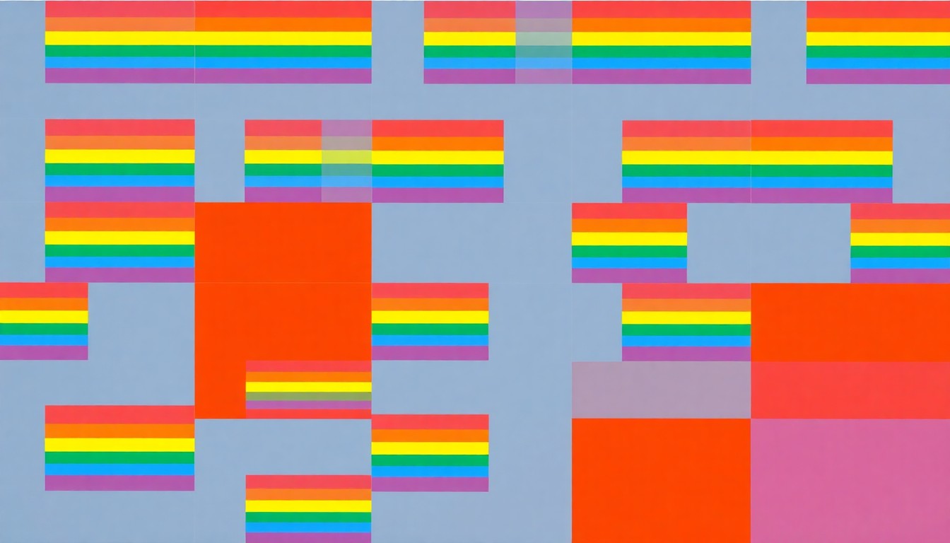A brightly colored, high-contrast silkscreen print featuring a repeating grid pattern of abstracted rainbow pride flag shapes in bold, flat colors, capturing the celebratory spirit of the Yakima Pride event.