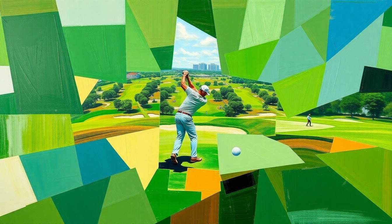 A fractured, cubist-style painting depicting the golf action at Harbour Town Golf Links, with sharp geometric shapes and planes in vibrant greens, browns, and blues suggesting the motion and energy of the tournament.