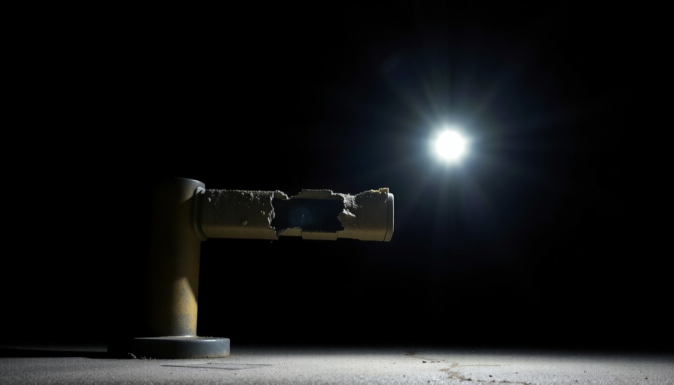 An extreme close-up photograph of a damaged security barrier, its metal surface scarred and dented, lit by a harsh, direct camera flash against a pitch-black background, creating a stark, gritty, investigative aesthetic.