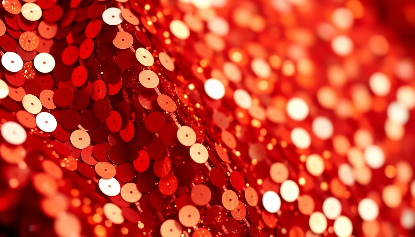 An extreme close-up photograph of a shimmering, high-contrast sequin texture in rich red and gold hues, conveying the glamour and high-stakes nature of a career transition from the entertainment industry to the legal profession.
