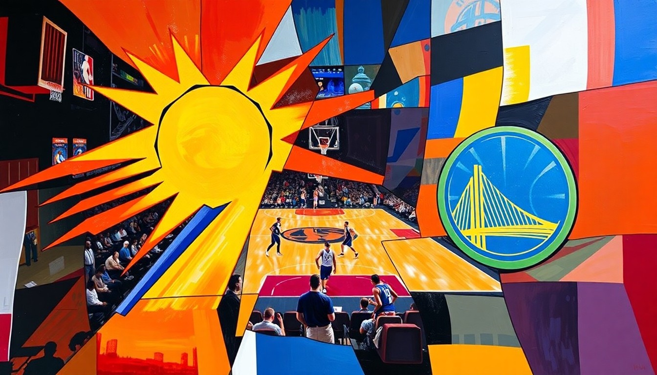 A fragmented, geometric painting depicting a basketball game between the Phoenix Suns and Golden State Warriors, with sharp planes of color representing the players and action on the court.