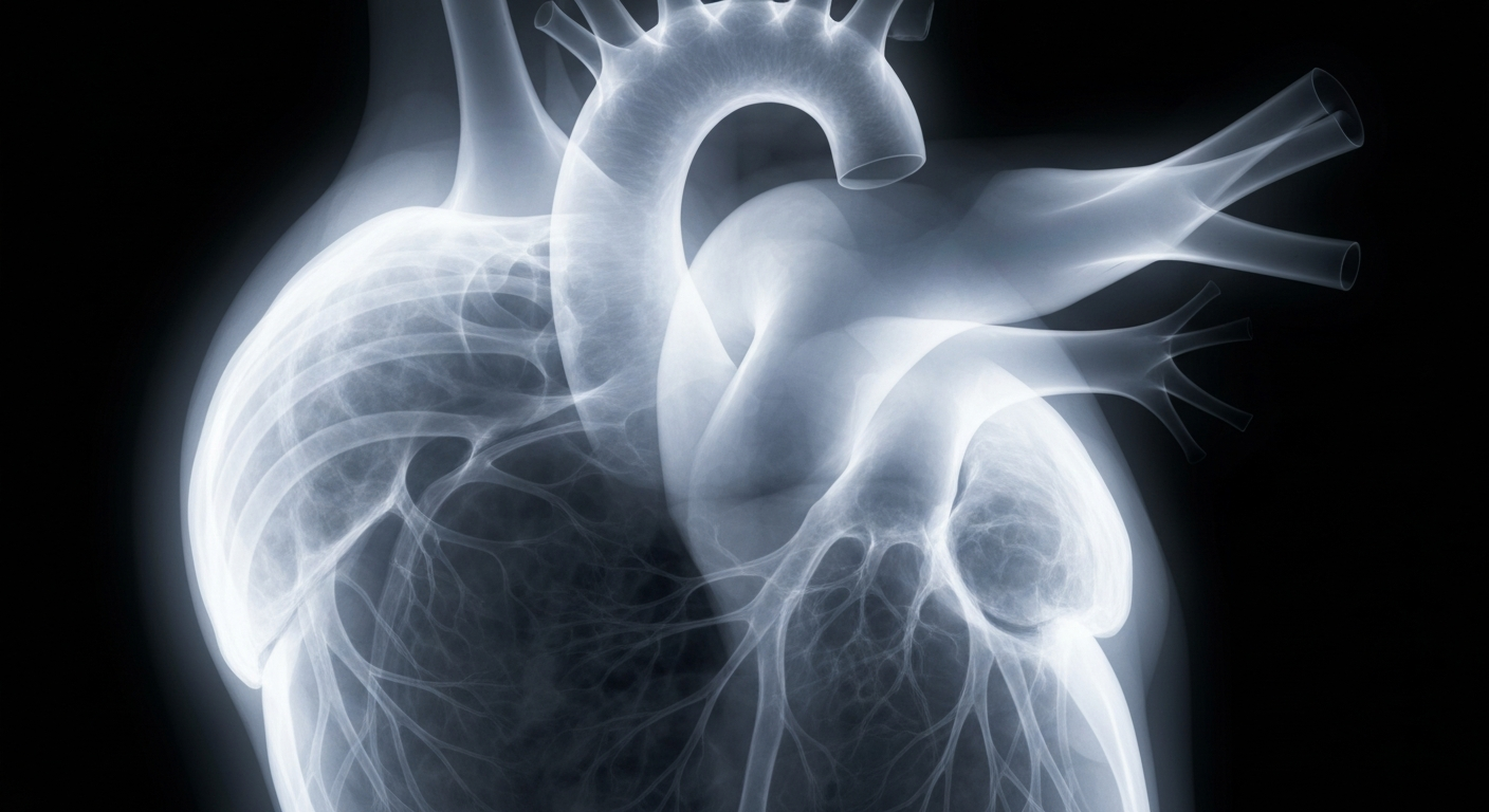 A translucent X-ray photograph showing the intricate internal structure of a human heart, with glowing, ghostly lines against a dark background, conceptually representing the advanced cardiac ablation technology featured at the Heart Rhythm 2026 conference.