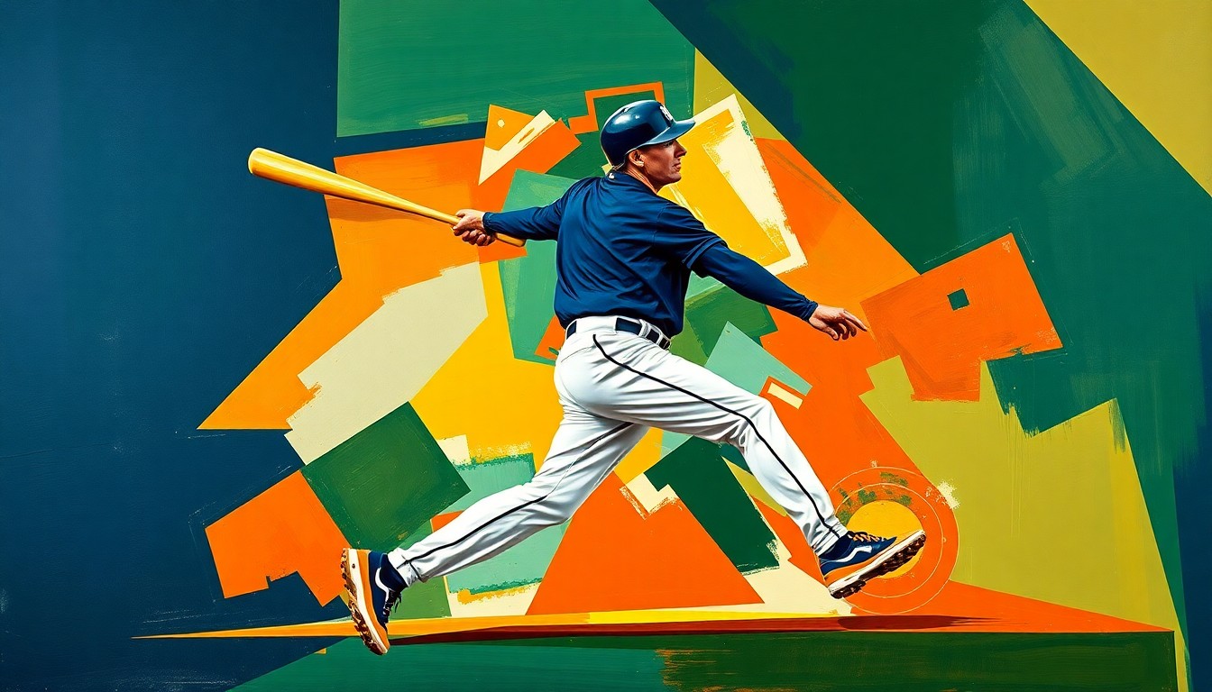 A fragmented, geometric painting depicting the motion of a baseball player in shades of navy, green, and orange, conceptually representing the Yankees' anticipation for Anthony Volpe's recovery.