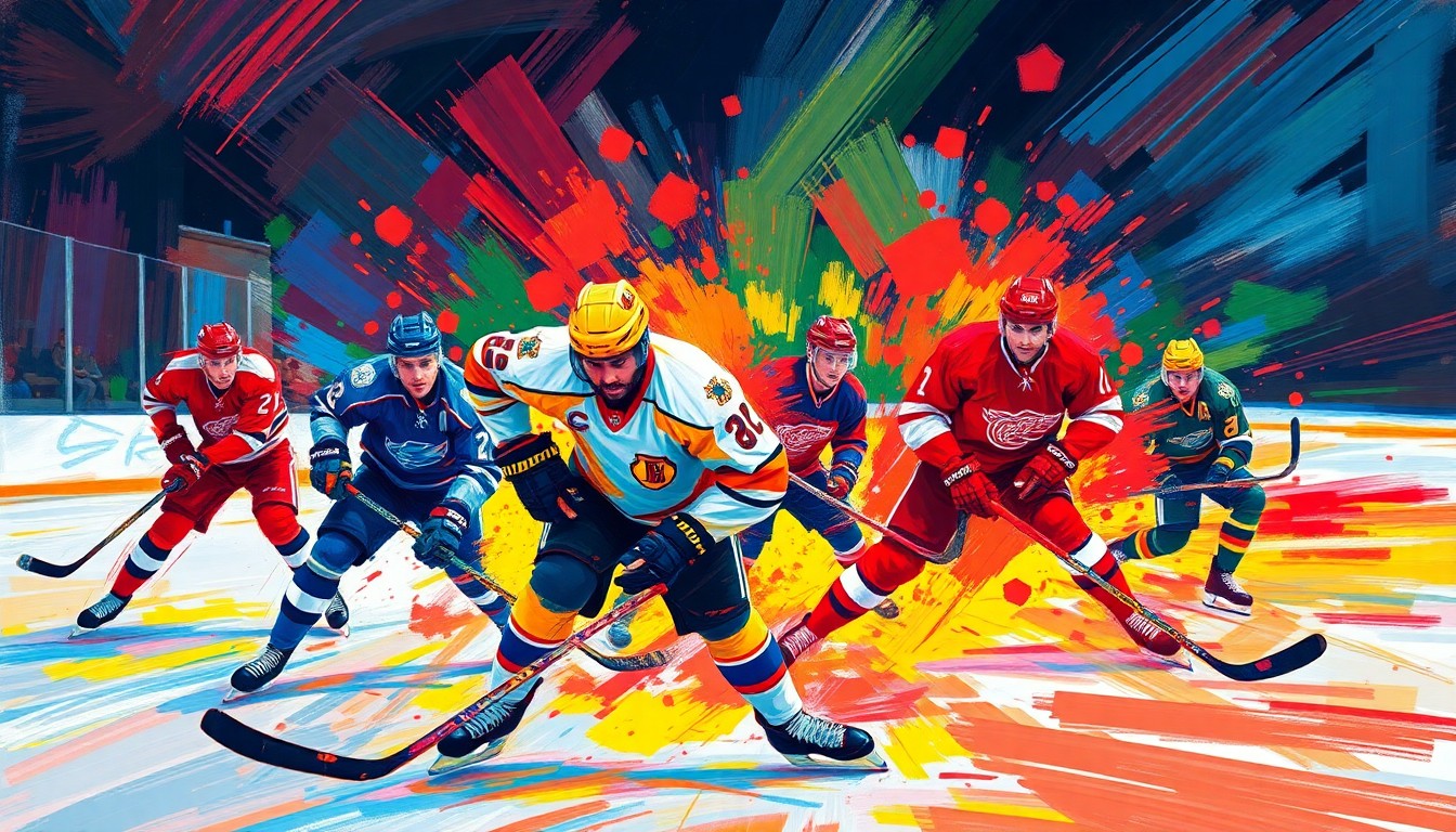 An abstract, expressionist painting in neon colors depicting the frenetic action and energy of a hockey game, with players' forms blurred into dynamic, sweeping brushstrokes.