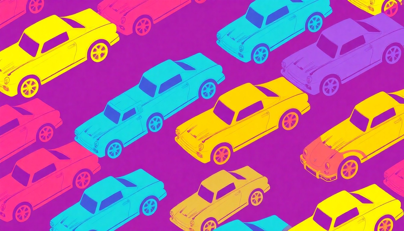 A bold, colorful silkscreen-style illustration featuring a repeated pattern of a single iconic Hot Wheels car toy in vibrant neon hues, conceptually representing the entrepreneurial spirit and passion of a young man with autism who has turned his hobby into a successful online business.