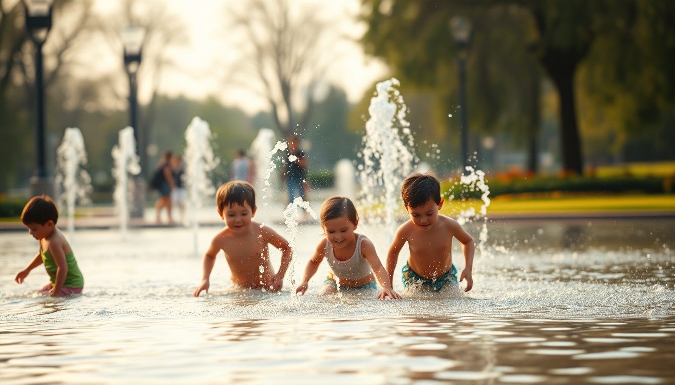An abstract, impressionistic photograph showing children playing in a water feature, with the surrounding park blurred in soft, warm tones, conveying the joyful energy of a new community amenity.