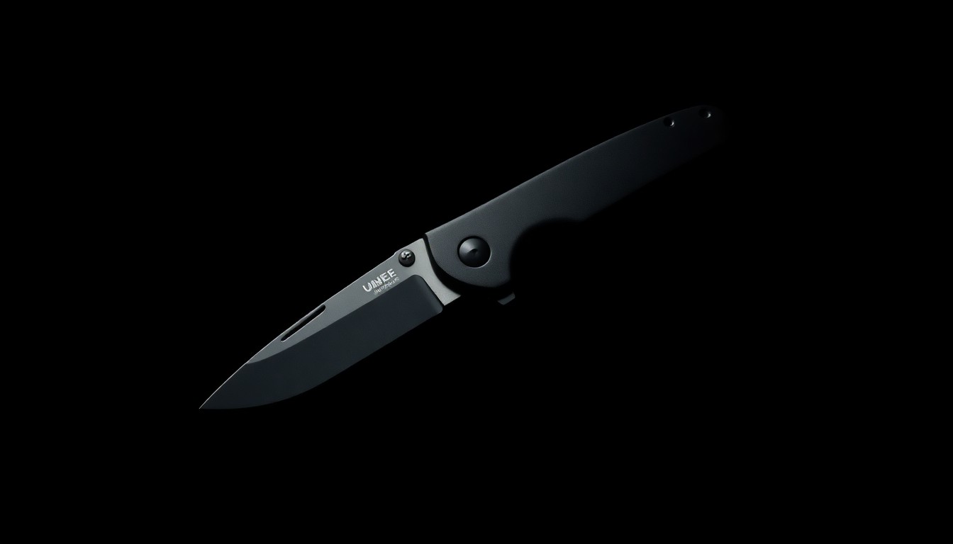 An extreme close-up photograph of a folding pocket knife against a pitch-black background, capturing the stark, gritty details of the weapon used in the alleged crime.