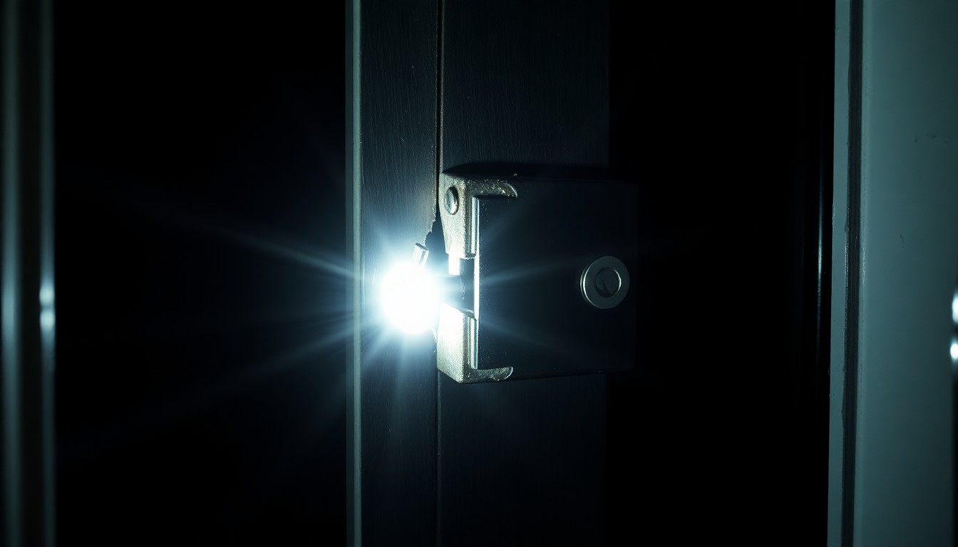 An extreme close-up photograph of a broken window lock, capturing the gritty details and textures of the damaged hardware against a pitch-black background, conveying a sense of the investigative nature of this crime.