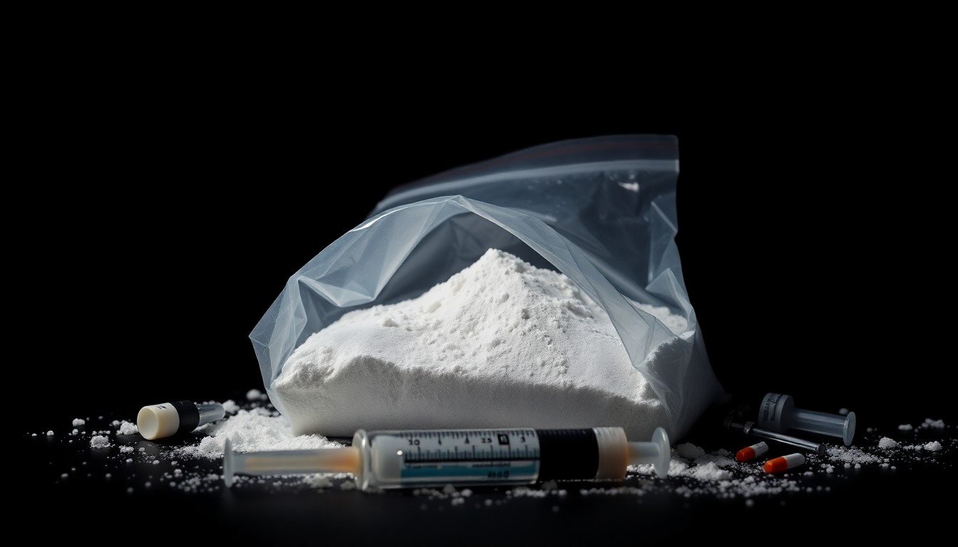 An extreme close-up photograph of a large plastic bag containing white powder, a loaded syringe, and other drug paraphernalia, lit by a harsh, direct camera flash against a pitch-black background, conceptually illustrating the gritty reality of a drug-related arrest.