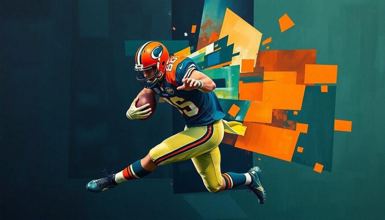 A fragmented, geometric painting depicting a football player in mid-tackle, their body broken down into sharp, overlapping planes of navy, green, and orange, conveying the raw power and dynamism of professional football.
