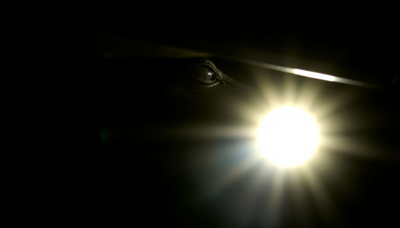 An extreme close-up photograph of an alligator's eye and snout, partially obscured by the undercarriage of a car, illuminated by a harsh camera flash against a pitch-black background, conceptually illustrating the tense and dangerous situation of a wild animal trapped in a populated urban area.