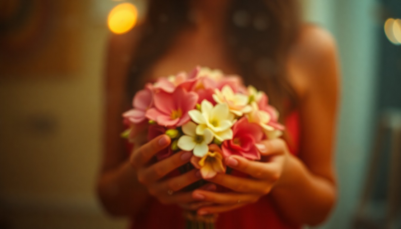 An abstract, impressionistic photograph showing a woman's hands cradling a bouquet of flowers, the image blurred and softened through a hazy, rain-streaked lens to convey a sense of tenderness, vulnerability, and resilience.