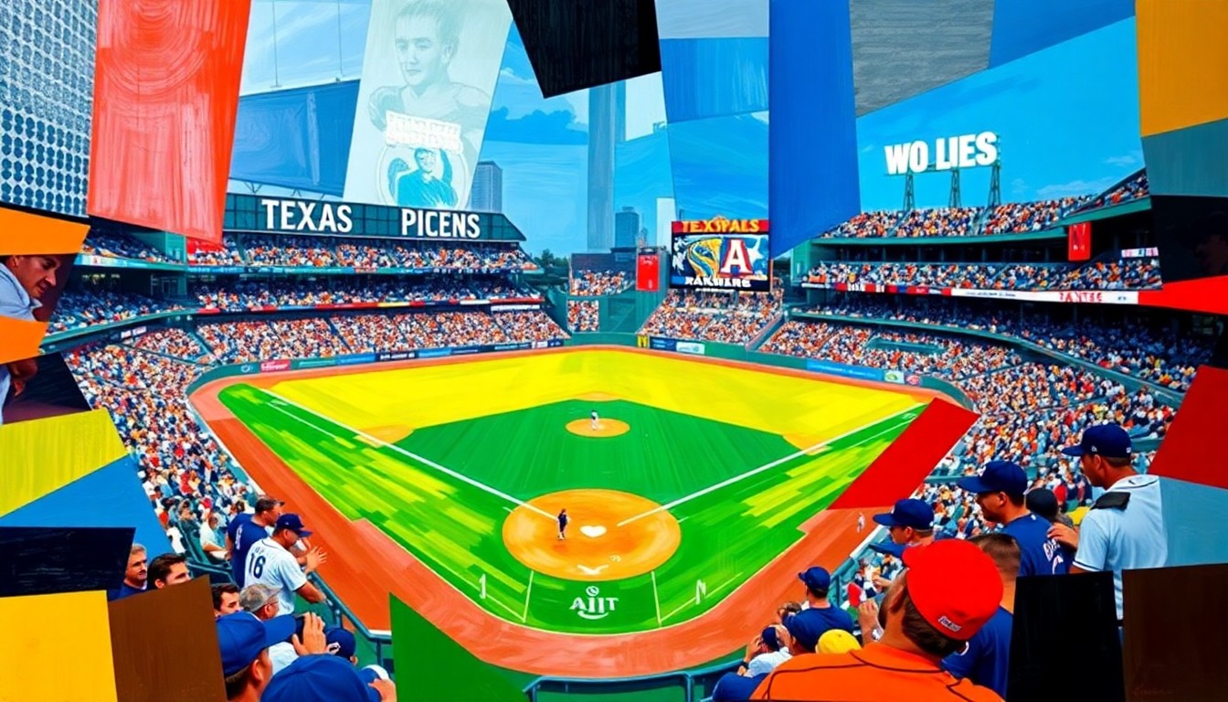 A fragmented, geometric painting featuring the colors and shapes of a baseball game between the Texas Rangers and Seattle Mariners, conveying the dynamic energy and competitive spirit of the matchup.
