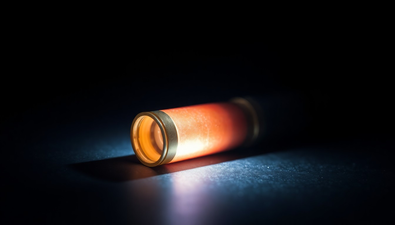 An extreme close-up of a single spent shell casing on a dark surface, conceptually illustrating the tragic violence of a murder-suicide.