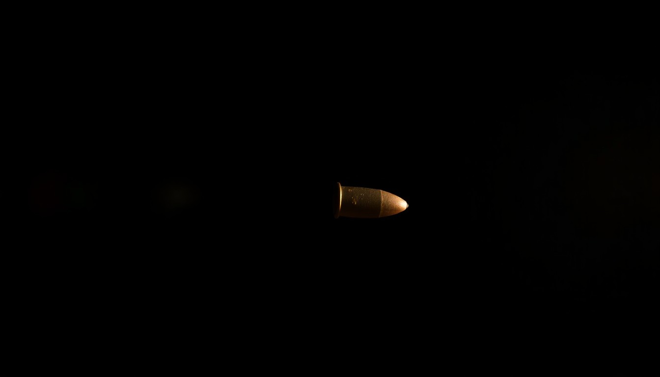 An extreme close-up of a single spent bullet casing, its metallic surface reflecting the harsh light of the camera flash against a pitch-black backdrop, conveying the serious, investigative nature of this crime story.