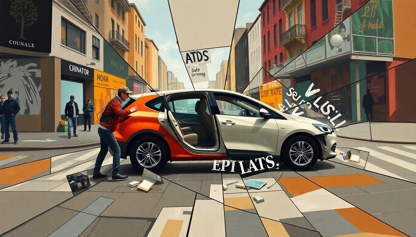 A heavily fragmented, cubist-style painting depicting the damaged sensors and shattered glass of a self-driving car, conveying the conceptual idea of rising community tensions around new transportation technologies.