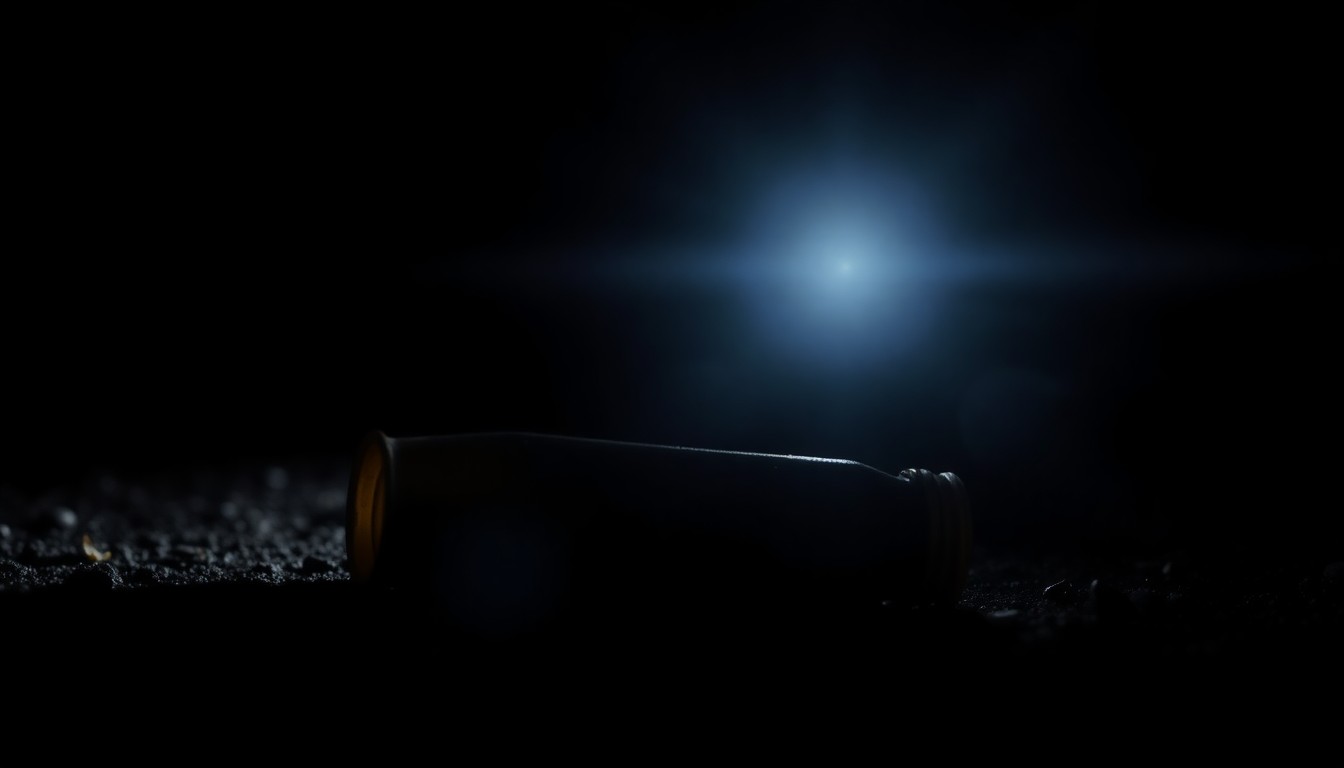 An extreme close-up of a spent shell casing on the ground, reflecting a harsh, direct camera flash in a stark, gritty, investigative aesthetic, conceptually illustrating the aftermath of a shooting near a school.