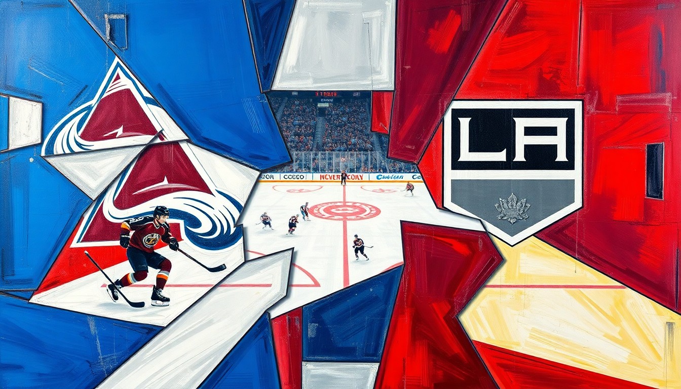A cubist, geometric painting depicting a hockey game between the Colorado Avalanche and Los Angeles Kings, with the players and action broken down into overlapping planes of vibrant blue, red, and silver colors.