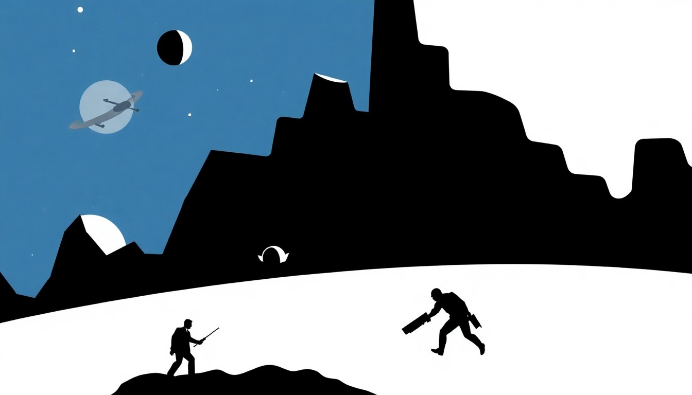 An abstract movie poster design featuring bold, geometric black shapes and silhouettes, conceptually representing the comedic sci-fi world of the 'Spaceballs' franchise.