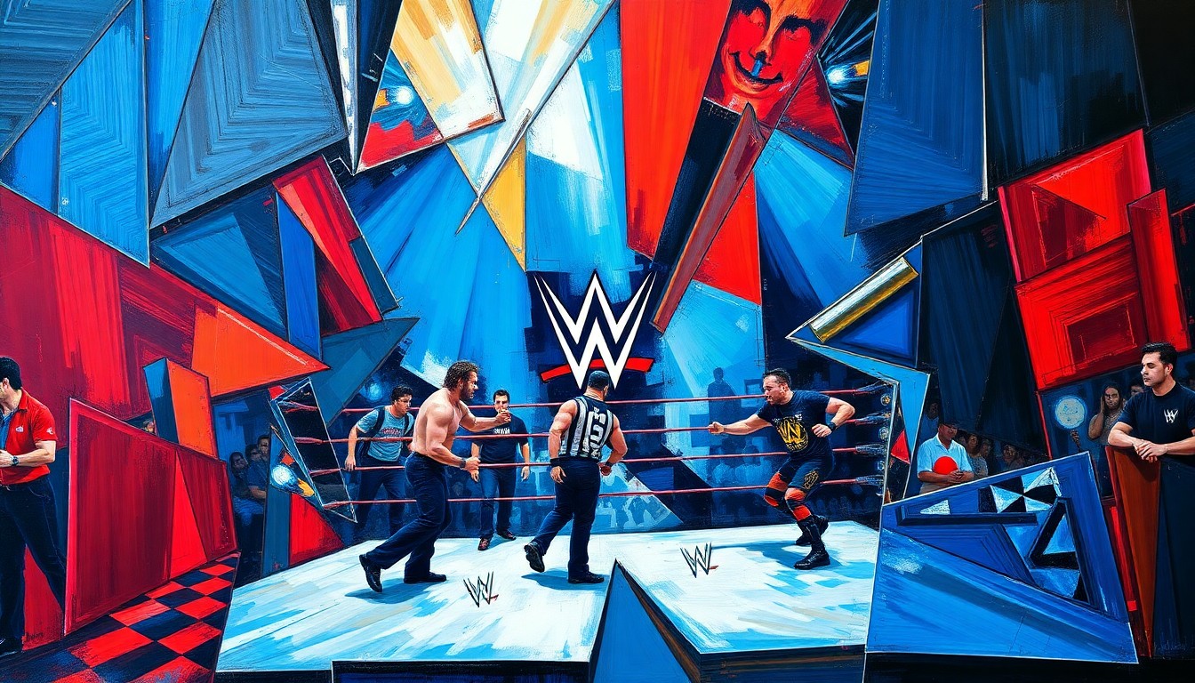 A fragmented, cubist-style painting depicting a WWE wrestling match, with overlapping geometric shapes and planes in vibrant blue, red, and silver tones, conveying the intensity and energy of the event.